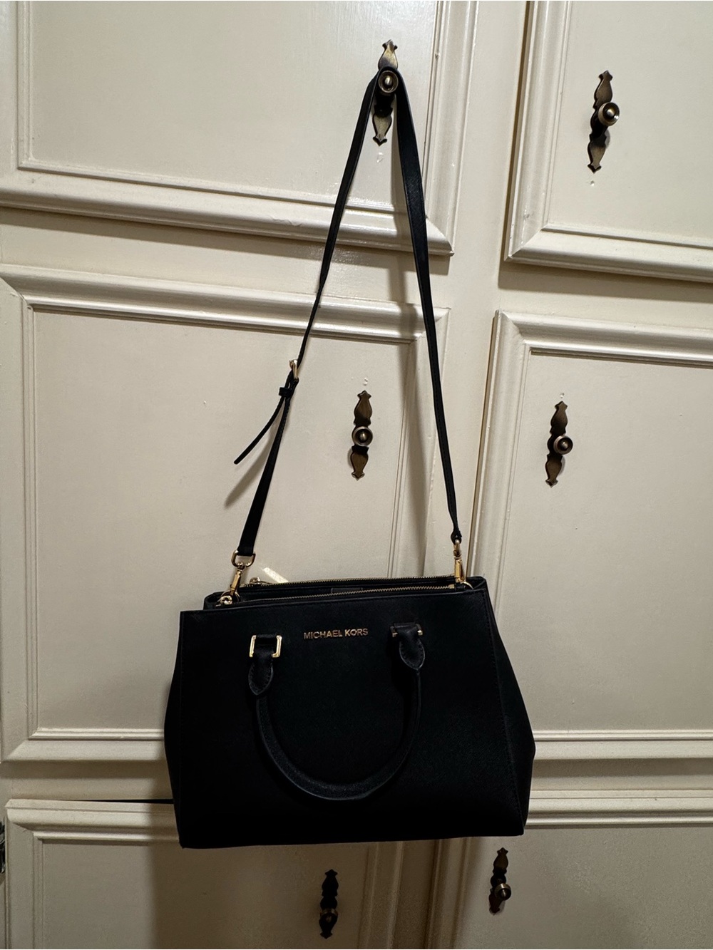 Michael Kors Black Leather Satchel with Gold Hardware and Shoulder Strap